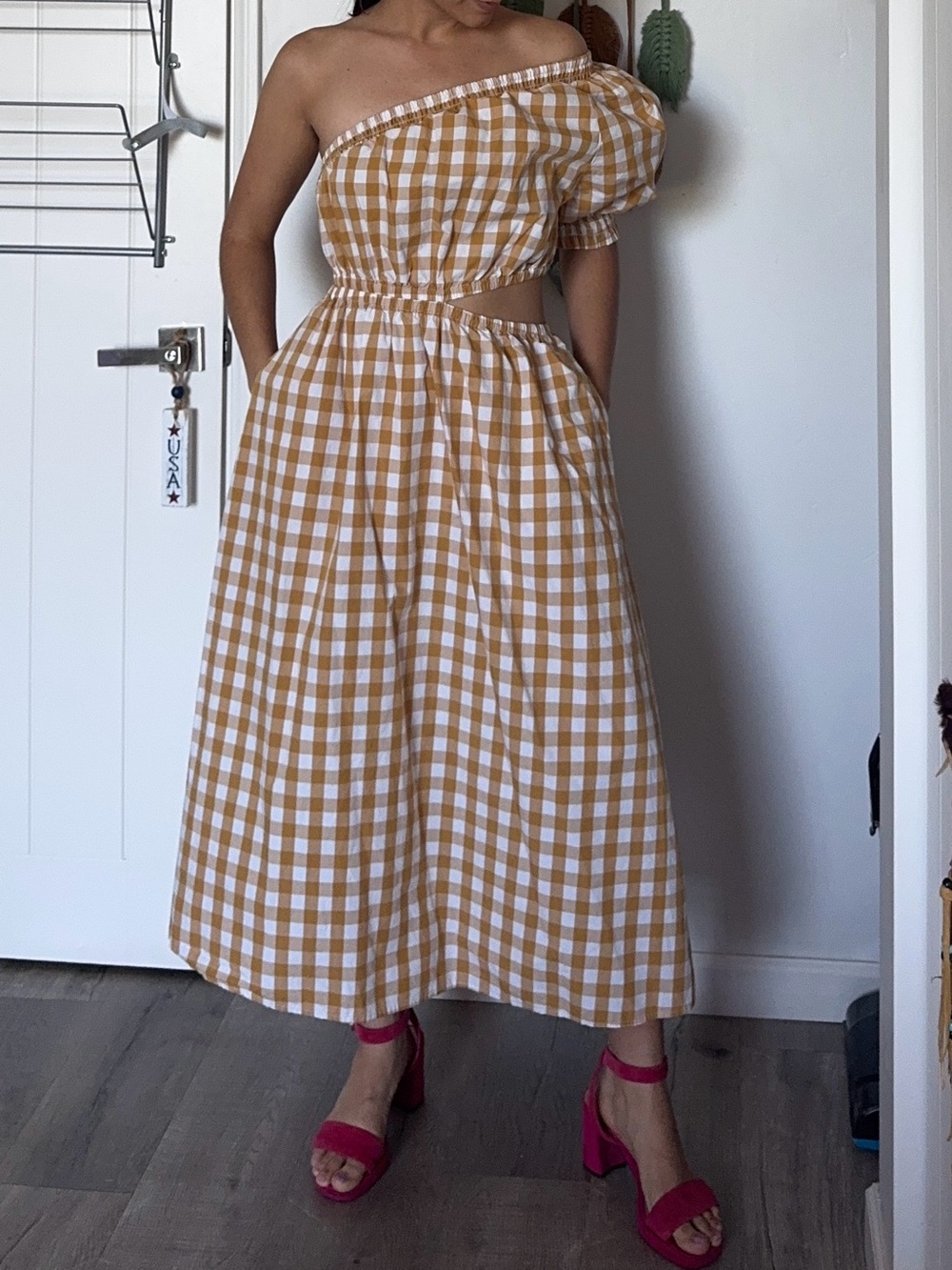 Who What Wear Mustard and White Gingham One-Shoulder Midi Dress